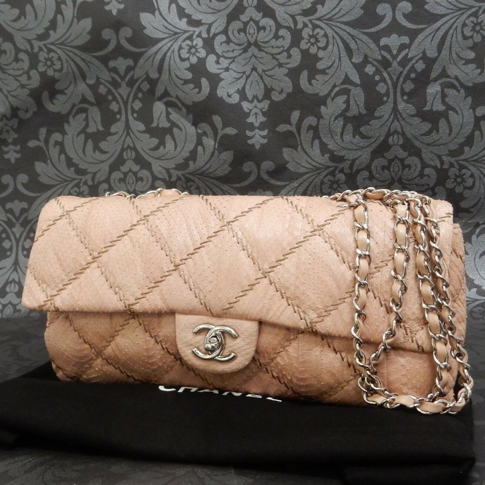 Chanel Stitched Beige Python Flap Bag